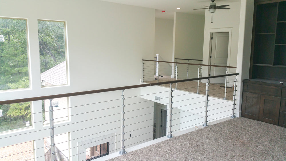 36" Brushed Aluminum Top Mount Post, Cable Infill, Unfinished Beechwood Handrail (stained)