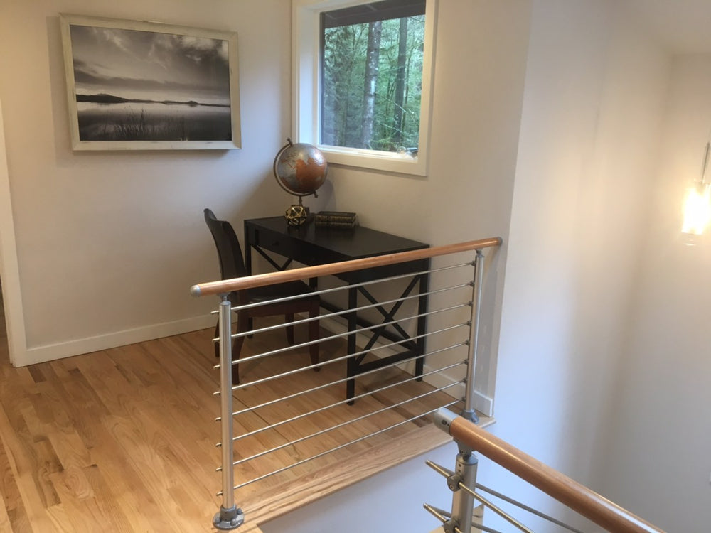 36" Brushed Aluminum Top Mount Post, Tube Infill, Unfinished Beechwood Handrail
