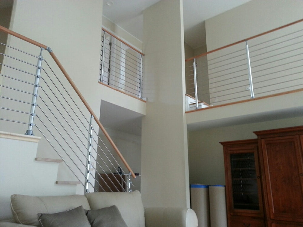 36" Brushed Aluminum Top Mount Post, Tube Infill, Finished Beechwood Handrail